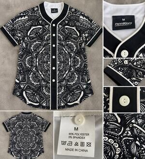 Freshhoods Men’s Black White Paisley Mandala Baseball Jersey Shirt Size M